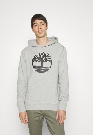 Grijze hoodie met een voorzak, verstelbare trekkoordkap en een zwart boombrobleem op de borst. Zachte stof met een gestructureerde afwerking.