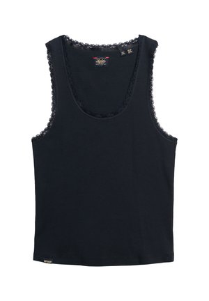 Granatowy, prążkowany top bez rękawów z koronkowym wykończeniem przy dekolcie i otworach na ramiona. Ma małą metkę z logo u dołu.