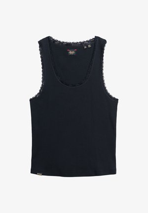 Marineblauw geribbeld tanktop met kantafwerking langs de halslijn en armopeningen. Bevat een klein logo-label aan de zoom.