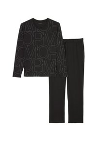 Ensemble de loungewear noir comprenant un haut à manches longues avec de grandes lettres blanches et un pantalon de pyjama à taille élastique. Tissu doux avec une coupe décontractée.