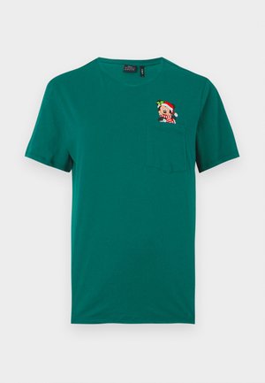 Green cotton T-shirt featuring a front pocket and a graphic design of a character in a Santa hat. Short sleeves and a crew neck.