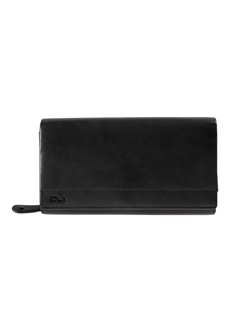 Black leather wallet with a smooth texture, rectangular shape, and subtle embossed logo. Features a fold-over design and stitched accents.