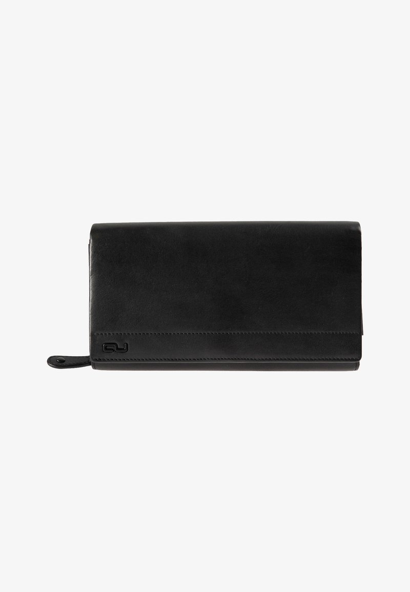 Black leather wallet with a smooth texture, rectangular shape, and subtle embossed logo. Features a fold-over design and stitched accents.