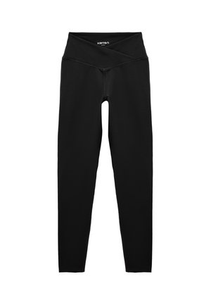 Sorte damesportsleggings med høj talje, crossover talje og tætsiddende pasform, vist på hvid baggrund.
