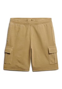 Bermudas cargo color caqui hechas de una tela suave, que cuentan con dos grandes bolsillos laterales, una cintura elástica y un diseño limpio y sencillo.