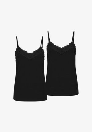 Black camisole set made of soft fabric, featuring lace trim along the neckline, adjustable straps, and a fitted design. Two pieces included.
