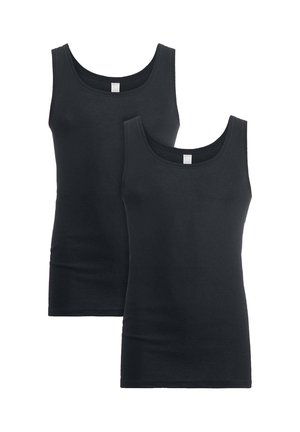 Zwei schlichte schwarze ärmellose Tanktops mit abgerundeten Ausschnitten, übereinander auf weißem Hintergrund dargestellt.