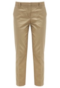 Pantalon beige sur mesure avec passants de ceinture, fermeture éclair à l'avant et poches latérales, présenté sur un fond blanc.