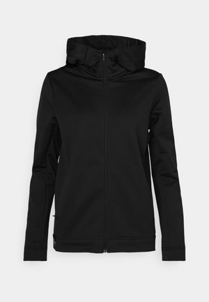 Black zip-up jacket with a hood, made from a smooth, stretchy material. Features long sleeves and a fitted silhouette.