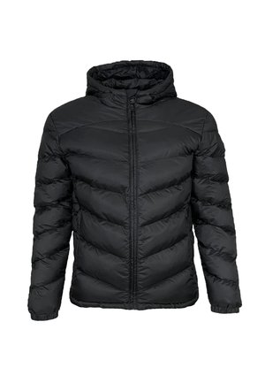 Giacca a vento nera con cappuccio, caratterizzata da motivi diagonali cuciti, chiusura frontale con zip e polsini elasticizzati per calore e comfort.