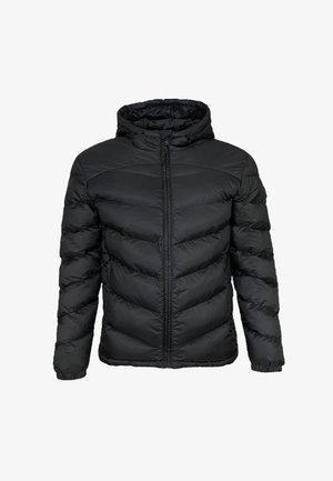 Giacca a vento nera con cappuccio, caratterizzata da motivi diagonali cuciti, chiusura frontale con zip e polsini elasticizzati per calore e comfort.