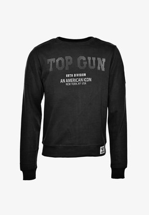 Czarna bluza o klasycznym kroju, z białym napisem: "TOP GUN", "69th DIVISION" oraz "AN AMERICAN ICON". Prążkowane mankiety i dół. Miękka faktura.