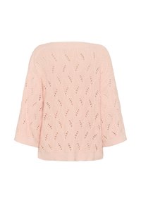 Pull en tricot rose clair avec un motif ajouré en vagues et des manches 3/4, montré de dos sur un fond blanc.