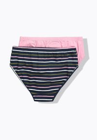 Zwei Paar Damenslips: eines in einfarbigem Hellrosa, das andere in Marineblau mit mehrfarbigen Horizontalstreifen. Weicher Stretchstoff, elastischer Bund.