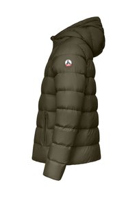 Chaqueta de plumas verde oliva con capucha desmontable, que presenta secciones acolchadas horizontales, un bolsillo lateral con cremallera y un parche con el logo en la manga.