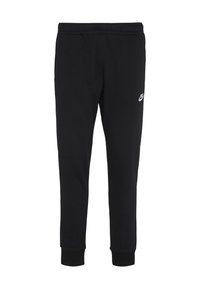 Pantalones de chándal Nike negros con cintura elástica y puños, que presentan un pequeño logo blanco de Nike en el muslo izquierdo.