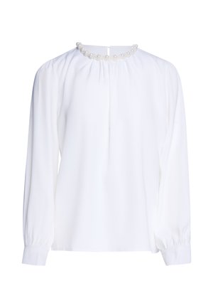 White long-sleeve blouse with gathered fabric at collar and pearl bead trim around neckline, buttoned cuffs, and a back keyhole opening.