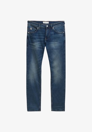 Tumedat sinised teksad sirge lõikega, millel on kergepleekimine, viis taskut, lukuga kinni ja peened kontrastõmblused.