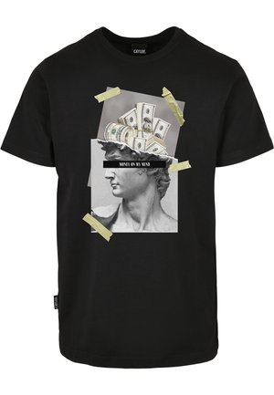 Black cotton t-shirt featuring a graphic print of a classical bust with money, accented by torn paper and tape. Text: "MONEY ON MY MIND."