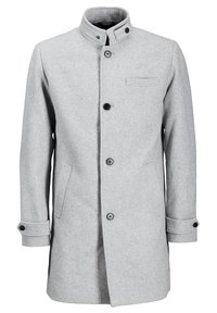 Hellgrauer Herrenwollmantel mit hohem Kragen, schwarzen Knöpfen vorne und an den Manschetten, zwei Seitentaschen und einer Brusttasche.