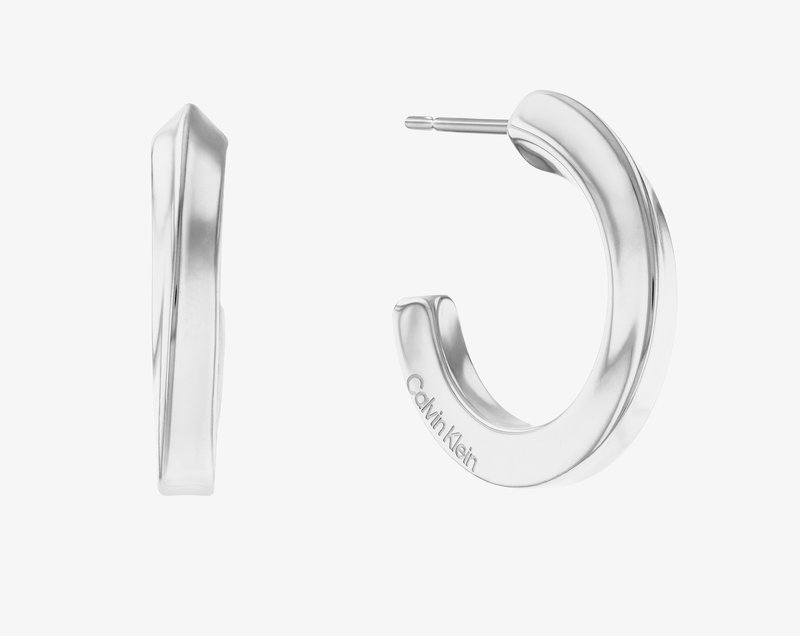 Silver hoop earrings with a smooth, curved design. The metal is polished, featuring minimalistic hardware and a subtle engraved logo.