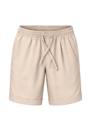 Pantaloncini casual beige con vita elastica, tasche frontali, coulisse e orli risvoltati.