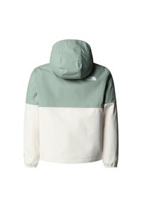 Veste légère avec une partie supérieure vert menthe et une partie inférieure crème. Comprend une capuche et des poignets élastiques. Fabriquée en tissu texturé.