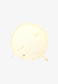 Tappetino rotondo di tessuto giallo chiaro con cerniere e cinturini in Velcro, dalla superficie liscia, dotato di una tasca centrale e di una maniglia laterale per la portabilità.