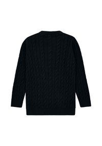 Maglione nero a maglia a trecce con maniche lunghe, polsini a costine e scollatura rotonda. Presenta motivi testurizzati su tutta la superficie del tessuto.