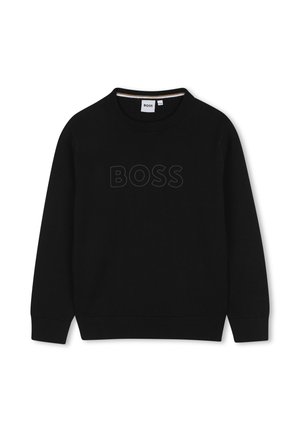 Pull noir à manches longues avec col rond, poignets et ourlet côtelés, avec un texte subtilement embossé "BOSS" sur la poitrine.