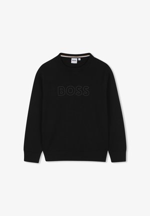 Zwarte trui met lange mouwen en een ronde hals, met geribde manchetten en zoom, met subtiele reliëf "BOSS" tekst op de borst.
