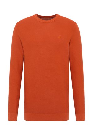 Oranger Strickpullover mit langen Ärmeln, Rundhalsausschnitt sowie gerippten Bündchen und Saum. Kleines Logodetail auf der Brust. Glatte Textur.