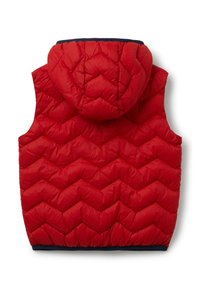 Gilet senza maniche imbottito rosso con cappuccio, caratterizzato da un motivo a chevron e rifinitura blu navy lungo il bordo inferiore, mostrato da dietro.