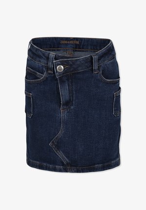 Donkerblauwe denim minirok met een fitted silhouet, vijf zakken en contrasterende stiksels. Voorzijde voorzien van knoopsluiting, geen patronen.