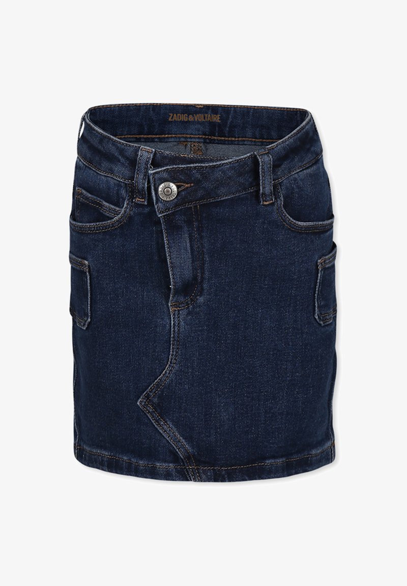 Donkerblauwe denim minirok met een fitted silhouet, vijf zakken en contrasterende stiksels. Voorzijde voorzien van knoopsluiting, geen patronen.
