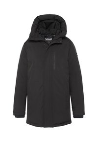 Sort isoleret frakke med aftagelig hætte, lynlåslukning foran, to sidelommer og en lille brystlomme. Glat tekstureret stof.