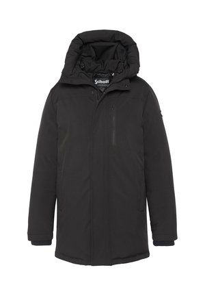 Schwarzer isolierter Mantel mit abnehmbarem Kapuzen, Reißverschluss vorne, zwei Seitentaschen und einer kleinen Brusttasche. Glatt strukturierter Stoff.