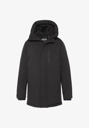 Zwarte geïsoleerde jas met afneembare capuchon, ritssluiting aan de voorkant, twee zijzakken en een klein borstzakje. Glad textuurstof.