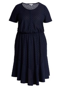 Mörkblå klänning med korta ärmar, prickigt mönster, elastisk midja och utsvängd kjol. Slät tyg med subtila mönster och rundad halsringning.