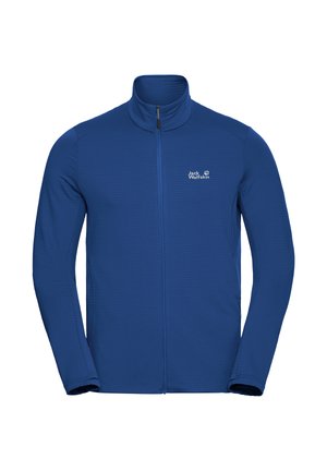 Giacca in pile blu con zip e collo alto, caratterizzata da un motivo strutturato e un piccolo logo stampato sul petto a sinistra.