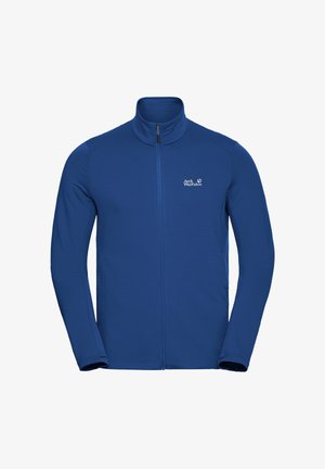 Giacca in pile blu con zip e collo alto, caratterizzata da un motivo strutturato e un piccolo logo stampato sul petto a sinistra.
