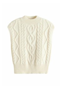Krémový sveter s pleteným vzorom a krátkymi rukávmi, ktorý obsahuje textúrované vzory a ribbed crew neckline a lem.