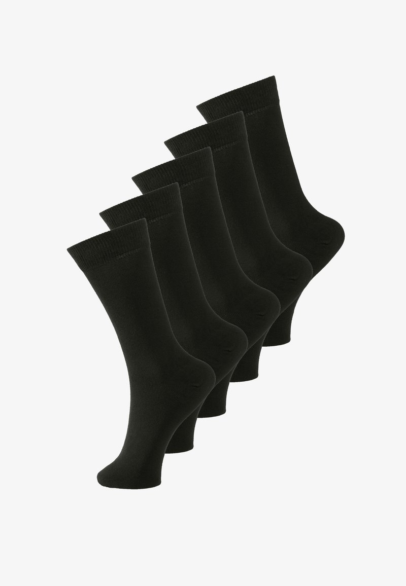 Fem par sorte bomuldsstrømper med en glat struktur, medium højde, ribbede kanter og sømløs tådesign. Ingen mønstre eller accenter.
