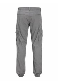 Graue Cargohosen mit elastischen Bündchen, Seitentaschen und legerer Passform. Hergestellt aus atmungsaktivem Baumwollmischgewebe für Komfort und Funktionalität.