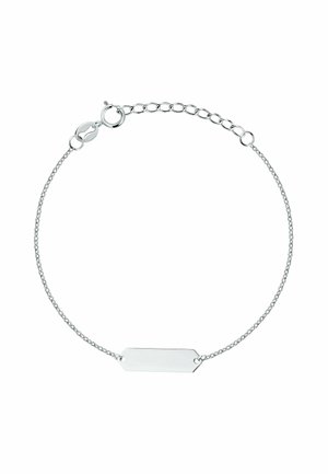 Zartes Armband aus Silberkette mit einem kleinen rechteckigen, leeren Namensschild und verstellbarem Verschluss.