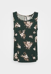 Blouse sans manches vert foncé avec motif floral blanc et beige et fermeture par bouton en œillet au dos.