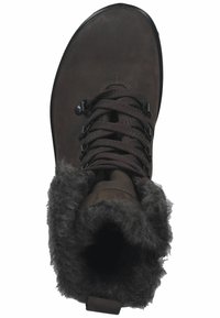 Braune, knöchelhohe Stiefel mit einem strukturierten, Kunstfellbund, runder Spitze und schwarzer Gummisohle. Enthält Metallösen und braune Schnürsenkel.