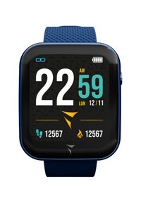 Orologio intelligente digitale con quadrante quadrato, cinturino in silicone blu, sfondo nero, numeri bianchi e acquamarina e icone per passi e calorie.