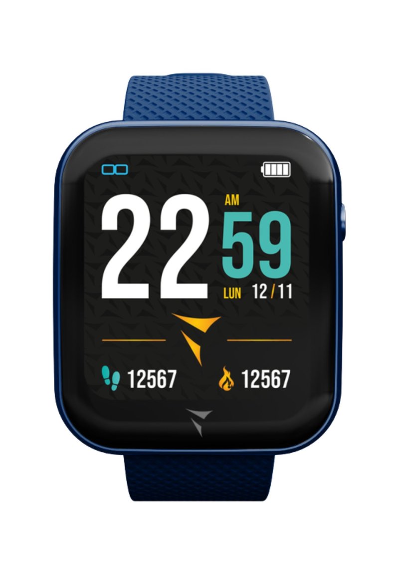 Orologio intelligente digitale con quadrante quadrato, cinturino in silicone blu, sfondo nero, numeri bianchi e acquamarina e icone per passi e calorie.