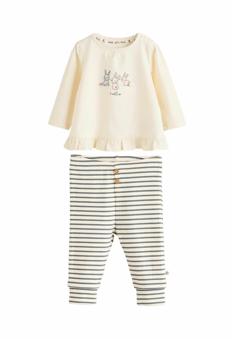 Cream long-sleeve top with ruffled hem and bunny embroidery; blue and pink bunnies. Striped leggings with decorative buttons at the waist.